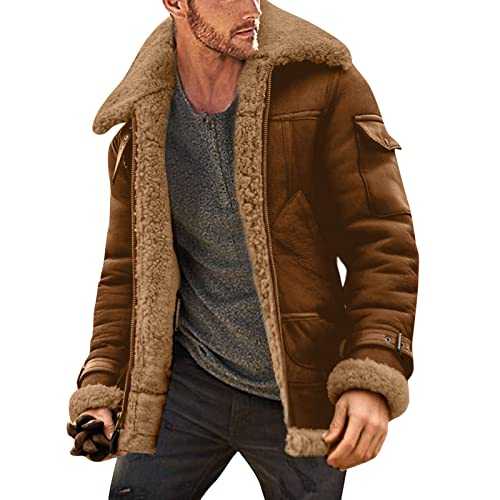 Winter Jackets for Men Plus Size Coat Lapel Collar Long Sleeve Padded Leather Jacket Vintage Thicken Coat Deerskin Jacket Big and Tall Snow Jackets for Men