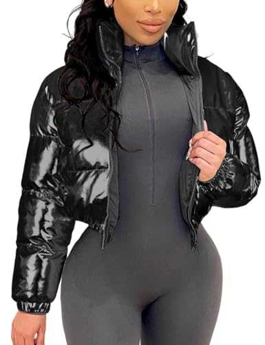 Yimoon Women's Y2k Winter Cropped Metallic Solid Color Padded Jacket Stand Collar Zip Up Shiny Puffer Coat