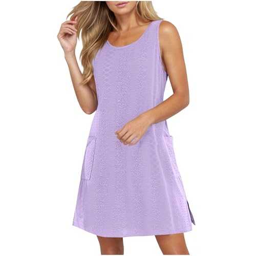 Summer Dresses for Women UK Clearance Loose Sleeveless Swing Midi Dress with Pockets Ladies Scoop Neck Casual Dresses Strappy Beach Dress Solid Color Sun Dresses Knee Length Ladies Tank Dress