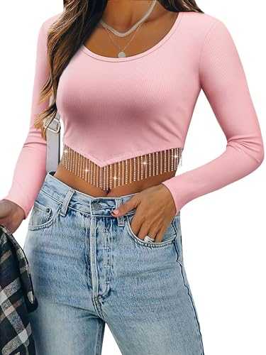 ZXZY Women Soft Ribbed Sparkly Rhinestone Fringe Long Sleeve Crop Top Cropped T Shirts