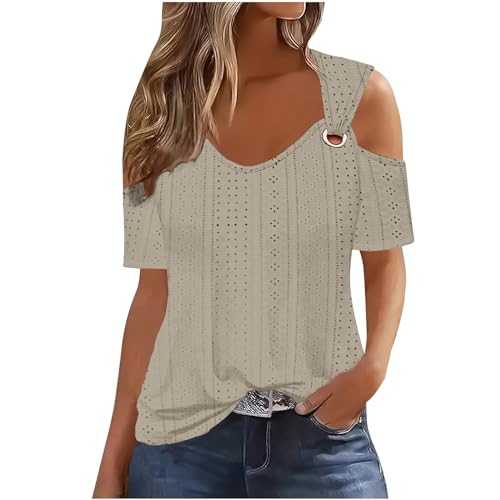 Women's Blouses UK Clearance Cold Shoulder Sexy Tops for Ladies V-Neck Eyelets Tops Casual Short Sleeve Basic T-Shirt Blouse Summer Tops Hollow Out Tunic Shirts