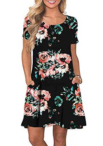 TYQQU Lady Short Sleeve Pockets Dress Casual Swing Dress Round Neck Dress Summer Mini Dress Solid Color Floral Dress