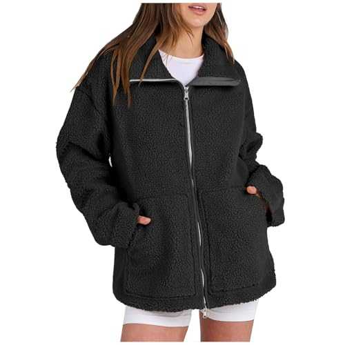 Fleece Jacket Women UK Sale Ladies Teddy Fleece Short Coats with Two Way Zip Sherpa Lined Fluffy Jacket Winter Warm Plush Fleece Stand Collar Coats Jackets Solid Casual Fuzzy Sherpa Lined Sweatshirt
