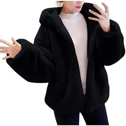 duxyoz Women Fuzzy Fleece Jacket Casual Long Sleeve Sherpa Warm Coats Winter Trendy Zipper Teddy Coats Elegant Hooded Jacket Soft Comfortable Open Front Cardigan Plush Fluffy Outerwear