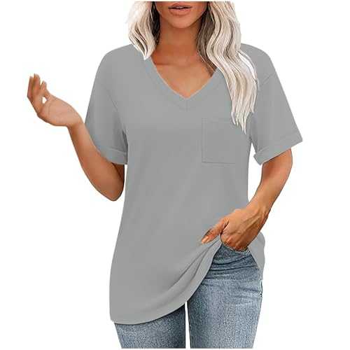 Tshirts Summer Oversized Top for Women UK Sale Plain Short Sleeve V-Neck T-Shirts with Pocket Casual Loose-Fit Basic Solid Tee Shirts Blouse Ladies Clearance Tops 2025