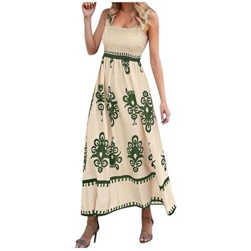 Summer Boho Dresses for Women UK Fashion Printed Beach Wear Strappy Dress Casual Solid Color Stretch Corset Waist Maxi Dress Elegant Square Neck Sleeveless Flowy Wide Hem Vacation Sundress for Party