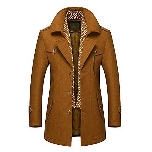 Men's Slim Fit Woolen Pea Coat Men's Single Breasted Mid-length Winter Woolen Business Coat With Removable Soft Scarf