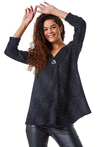 Roman Originals Shimmer Pleat Tunic Top for Women UK - Ladies Everyday Holiday Autumn Winter Pull-On V Neck 3/4 Sleeves Comfy Soft Evening Vacation Work Party - Black - Size 20