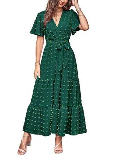 MASCOMODA Women Boho Swiss Dot Maxi Dresses Wrap V Neck Flutter Short Sleeve Solid Tie Waist A Line Tiered Flowy Long Dresses