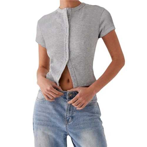 Women Y2K Button Down Ribbed Crop Tops Short Sleeve Crew Neck Basic Tee Shirt Slim Fit Going Out Tops Streetwear