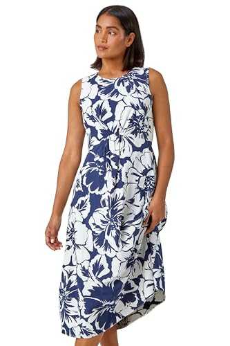 Roman Originals Sleeveless Cotton Blend Floral Midi Dress for Women UK - Ladies Everyday Holiday Spring Summer Round Neckline Comfy Soft Evening Vacation Work Party