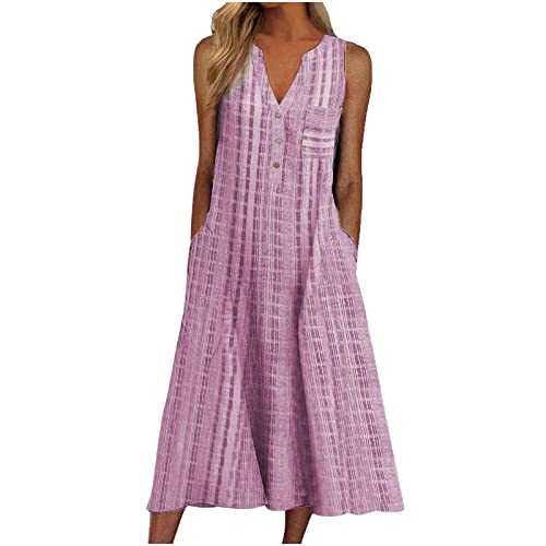 Boho Dresses for Women UK Italian Linen Dresses Sleeveless Button V Neck Dresses with Pocket Plaid Casual Sundress Swing Midi Dress Loose Fit Pullover Dress Lounge Dress Beach Dress
