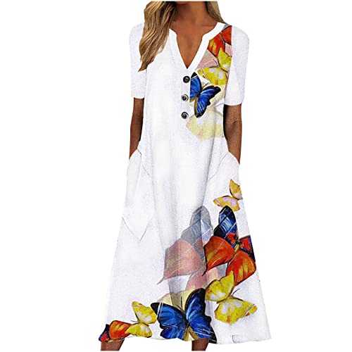 Summer Dresses for Women UK Clearance Causal V-Neck Button Short Sleeve Vacation with Pockets Dress UK Ladies Printing Frock Party Elegant Beach Attire Club Cocktail Work Outfit