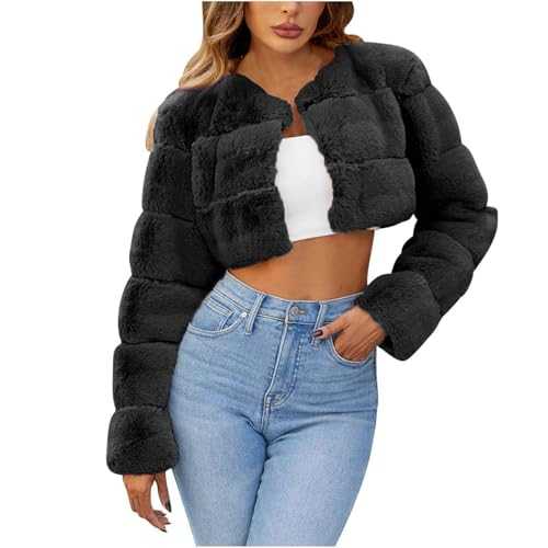 RLEHJN Faux Fur Coat Women Cropped Teddy Bear Coats Winter Fluffy Long Sleeve Jacket Furry Crop Tops Open Front Solid Color Shaggy Outerwear Plush Warm Cardigan Clearance Khaki Size 8-18