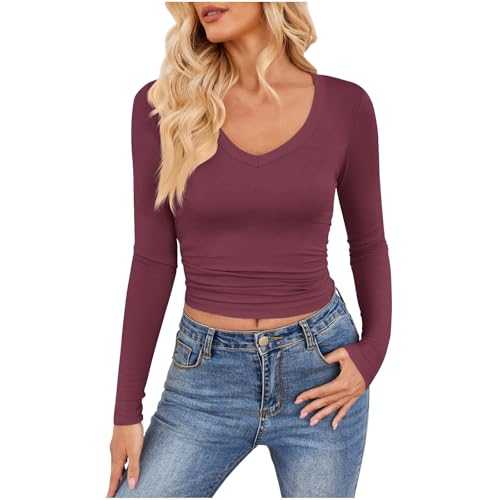 Keepink Long Sleeve Tops for Women Soft V Neck Basic Tight Top Solid Slim Fit Compression Blouses Summer Y2k Basic Clothes Fitted Casual Going Out Tee Shirt Yoga Gym T-Shirts Sale