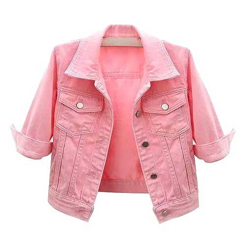 Denim Jacket Women 2024 Colored Cropped 3/4 Sleeve Casual Jean Jacket Basic Lapel Button Down Cropped Coat