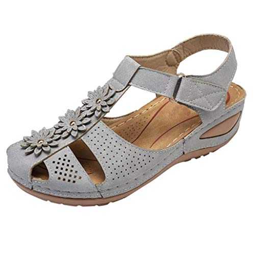 WILLBEST Sandals for Women UK Wedges Summer Dressy Elastic Flower Crochet Sandals Toe-Post Low Mid Heel Shoes Bridal Sling-Back Elastic Band Platform Shoes
