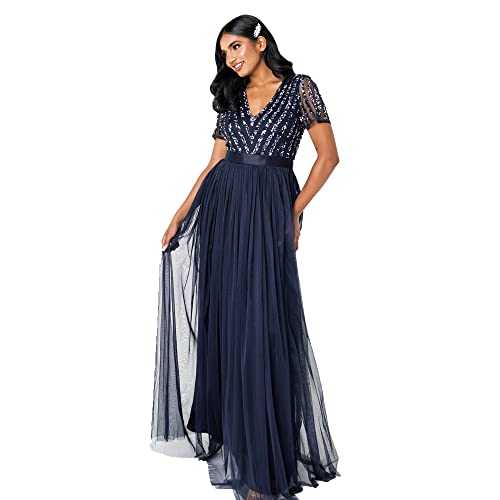 Maya Deluxe Women's Maxi Dress Ladies Bridesmaid V-Neck Ball Gown Short Sleeves Long Elegant Empire Waist Wedding