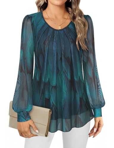 Gemulate Ladies Tops Women's Blouses Long Sleeve Scoop Neck Pleated Front Fitted Blouse Tunic Tops Loose Flowy Chiffon Tops Double Layers Mesh Shirts M-3XL