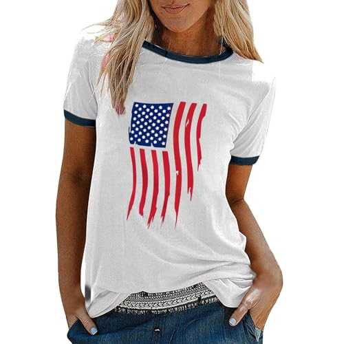 Casual T Shirt Tops for Women Girl 2024 Fashion Women's 4th of July American Flag Print Tops Summer T Shirt Tops for Women 2024 Casual Independence Day Flag Printed Round T Shirts for Women Summer