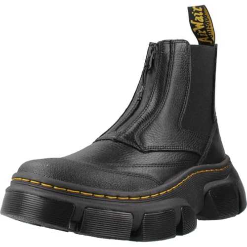 Platform Chelsea Boots, Black Leather, Thick Sole with Tractor Design, Side Elastic
