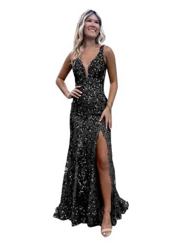 GUKARLEED Women's Prom Dresses Lace Appliques Sequin Formal Dress V Neck High Slit Mermaid Tulle Wedding Guest Evening Gowns