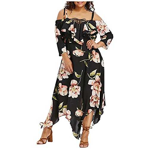 Women's Plus Size Floral Print Boho Dress Elegant Strap Sleeveless Off Shoulder Midi Dress Asymmetric Hem Swing Dress