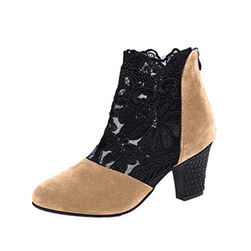 KKvoPiQ Small Women's Fashion Autumn Ankle Boots High Heel Block Heel Round Toe Mesh Breathable Comfortable Back Zip Plain Casual Style Ankle Boots for Women Heel