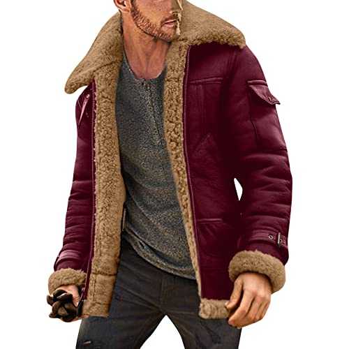 Cocila Chore Jacket Winter Coat Lapel Collar Long Sleeve Padded Leather Jacket Vintage Thicken Coat Sheepskin Jacket Casual Jacket Men Light Weight Waterproof Mens Jacket
