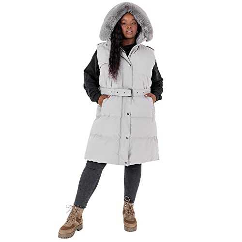 Lovedrobe Women's Ladies Gilet Sleeveless Long Winter Jacket Coat Body Warmer Plus Size with Belt Pockets Faux Fur Hood