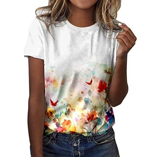 Women's Summer Casual Fashion Crew Neck Short Sleeve Butterfly Print T-Shirt Top Women's Work Trousers Short T-Shirt Women's with Print Women's T-Shirt with Crew Neck