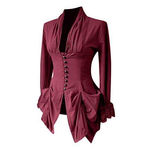 Womens Halloween Shirt Tops Coat Autumn Winter Jackets Steam Punk Vintage Gothic Victorian Medieval Renaissance Tailcoat Ladies Irregular Hem Outfits Trench Coats Halloween Cosplay Outwear Plus Size