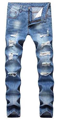 Enrica Men's Light Blue Skinny Ripped Distressed Destroyed Straight Fit Denim Jeans