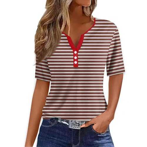 Womens Summer Tops, Ladies Top Summer Tops for Women UK Short Sleeve T Shirts Casual Vneck Button Graphic Tees
