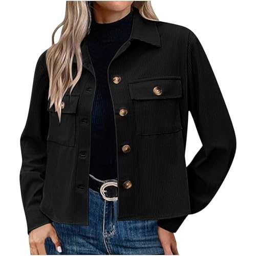 Keepink Women's Jackets Long Sleeve Button Down Coats Solid Cropped Corduroy Bomber Jacket Lightweight Short Outwear Tops with Pockets Trucker Coat Ladies Cardigan UK Sale
