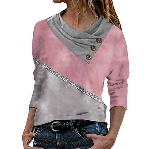Women's Long Sleeve Cross Collar V-Neck Geometry T-Shirt Button Neck Pullover Tops Casual Comfortable T-Shirt Blouse Glitter Top
