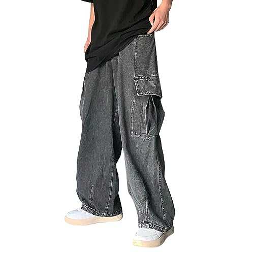 Cargo Denim Pants for Men Casual Loose Fit Hip Hop Baggy Jeans Vintage Distressed Wide Leg Jean Trousers with Pockets