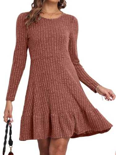 CheChury Knitted Dresses for Women Jumper Dresses Long Sleeve Swing Dress A-Line Ruffled Skater Dress Elegant Casual Ribbed Dress Sweater Dresses Knit Dress Ladies Dresses Winter Autumn