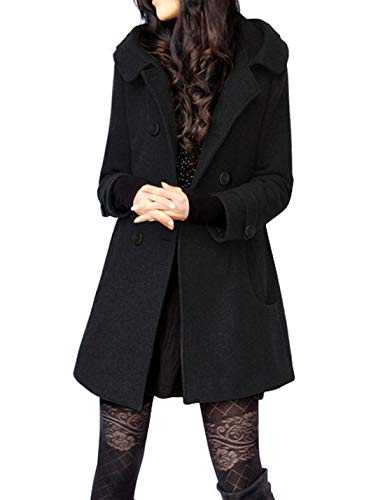 Women's Warm Double Breasted Wool Pea Coat Trench Coat Jacket with Hood