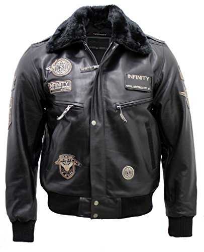 Men's Black Cow Hide Leather Flight Bomber Jacket with Detachable Collar