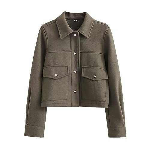 HAOLEI Women Shacket Jacket Fall Winter Cropped Coats with Pocket Fashion Button Down Coat Warm Jackets Retro Long Sleeve Trench Shirt Woolen Pea Coats Ladies Loose Lapel Tops