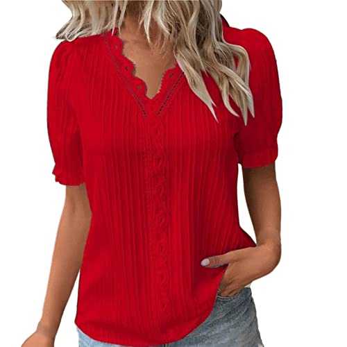 Qixiu Women Summer Lace V Neck Plain Lace Elegant Shirt Fashion Solid Color Elegant Blouse Short Sleeve Comfy Soft Tee Ladies Workout