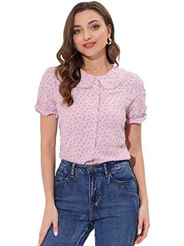 Allegra K Women's Button Up Shirt Peter Pan Collar Short Sleeve Ditsy Floral Tops