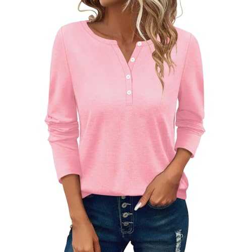 FNKDOR Long Sleeve Tunic Tops for Women UK Solid Color Buton Down Blouse V Neck Spring Summer Basic Longshirts Baggy Comfy Plain Tee Shirt Ladies Long Tops to Wear with Leggings