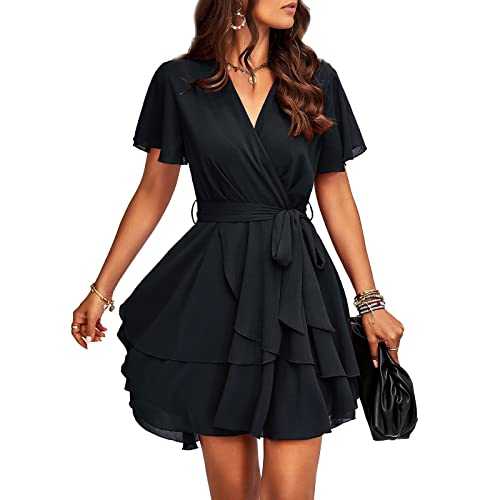 TcIFE Women's Casual Dress Deep V-Neck Short Sleeve Waist Tie Ruffle Chiffon Elegant Mini Short Swing Skater Dresses