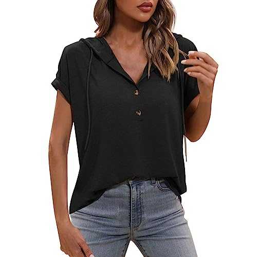 Cotton Linen Tunics Women Hiking Shirt Summer Women's Loose Hooded Button Short Sleeve T Shirt Linen Clothing Fitted Cheesecloth Shirts Women Ladies T Shirts