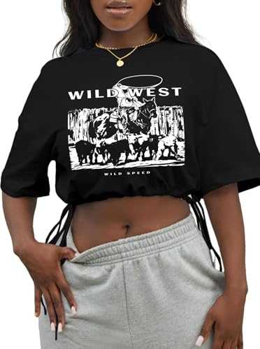 LovelyWholesale Graphic Tees for Women Drawstring Crop Tops Summer Short Sleeve T Shirts