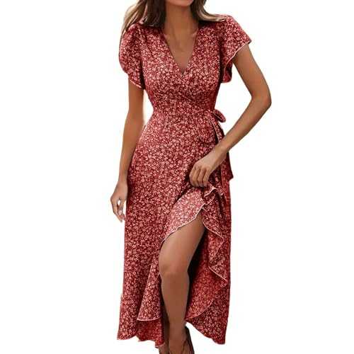 Women Summer Wrap Maxi Dress Casual Split Flared Sleeve V-Neck Midi Dresses Tie Waist Ruffle Beach Sundress Boho Floral Print High Waist Dress for Daily Date Travel Holiday Party