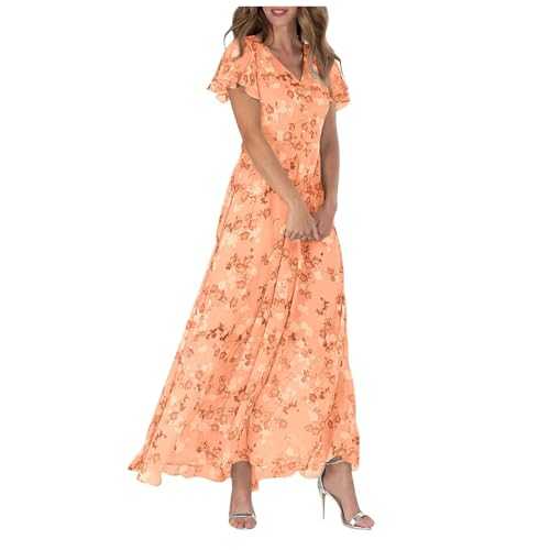 Women's 2024 Floral Lace Dress Wrap V Neck Short Sleeve Lace Up High Low A Line Flowy Maxi Long Maxi Sundress