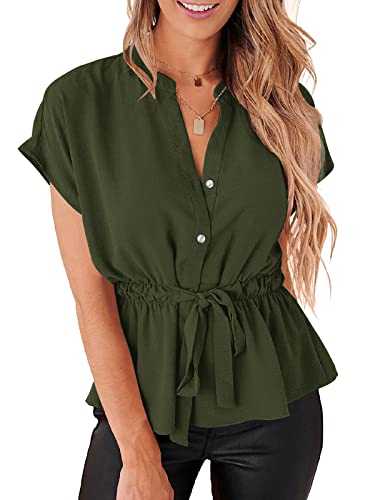 Womens Button Down Chiffon Blouses Casual Peplum Summer Tops Dressy Henley Shirts